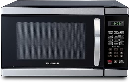 Farberware Countertop Microwave 1000 Watts, 1.1 cu ft - Microwave Oven with LED Lighting and Child Lock - Perfect for Apartments and Dorms - Easy Clean Grey Interior, Stainless Steel