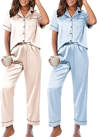 Ekouaer 2 Pack Womens Silk Satin Pajama Sets Button Down Sleepwear Short Sleeve Top and Pants Soft Pjs Lounge Set