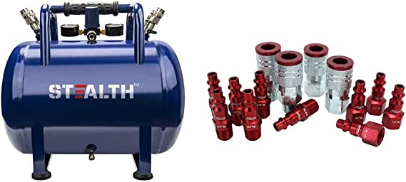 STEALTH Air Tank, 10 gallon High Pressure Air Tank with Maximum 225Psi Pressure & ColorFit by Milton Coupler & Plug Kit - (M-Style, Red) - 1/4" NPT, (14-Piece) - S-314MKIT