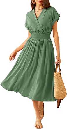 GRACE KARIN Women's Casual Linen Dresses 2024 Summer V Neck A Line Midi Dress with Pockets