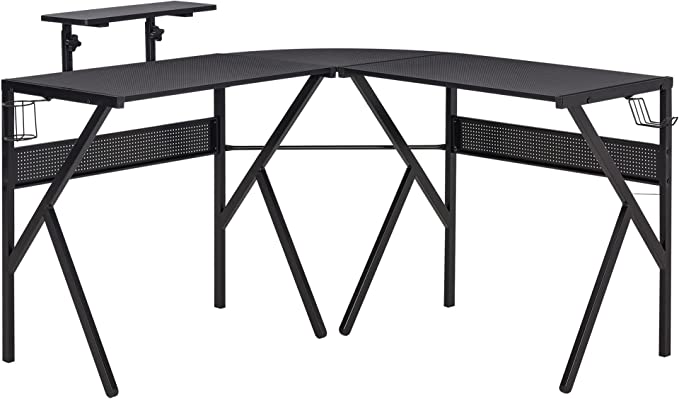 HOMCOM Bureau Gaming d'angle Bureau Gamer Bureau Informatique Bracket Casque Porte-gobelet étagère écran réglable métal Panneaux Texture Carbone Noir