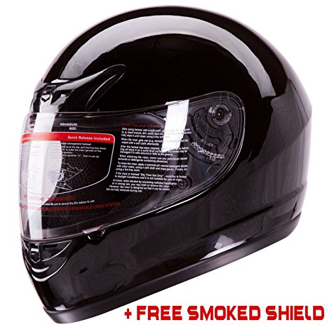 Gloss Black Full Face Motorcycle Helmet DOT  2 Visors Comes with Clear Shield and Free Smoked Shield (XL)