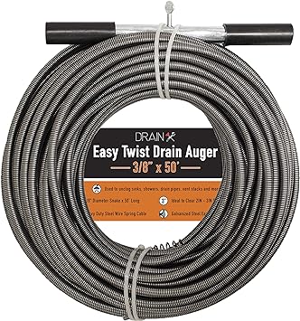 Drainx Easy Twist Drain Auger | Flexible Plumbing Cables for Cleaning Drainage Clogs Includes Storage Bag and Protective Gloves, 3/8" Diameter, 50 FT