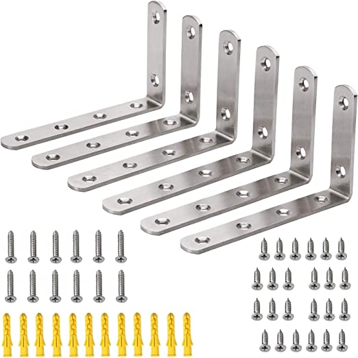 Hyber&Cara 6 Pack Heavy Duty Right Angle Bracket Stainless Steel L Shaped Corner Brace Joint Wall Shelf Support, 125mm×75mm, Screws Included
