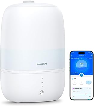 Govee Life Smart 3L Humidifiers for Bedroom, Top Fill Cool Mist Humidifiers with Essential Oil Diffuser, Humidity Control, WiFi Air Humidifier with Night Light, for Baby, Plants, Home, Work with Alexa