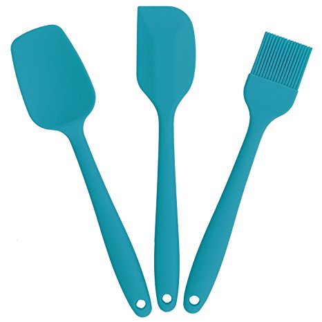 Cooptop Silicone Kitchen Utensils Set of 3 - Heat Resistant Silicone Large Spatula & Spoon & Pastry Brush - Stainless Steel Core Coated In Non Stick Silicone (Teal Blue)