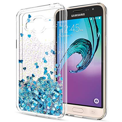 Galaxy J3 V / J3V Case,Galaxy Sky / Amp Prime / Express Prime / J3 (2016) 6 / Sol Liquid Case with HD Screen Protector,LeYi Girls Shiny Glitter Clear TPU Protective Case for Samsung J3 ZX Blue