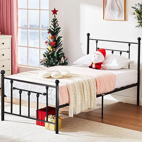 VECELO Twin Size Metal Platform Bed Frame with Headboard and Footboard, Heavy Duty Slat Support/No Box Spring Needed Mattress Foundation/Underbed Storage Space