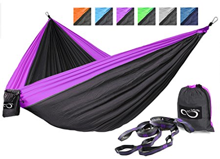 Double Outdoor Camping Hammocks - Weather Resistant Lightweight Parachute Nylon- Includes Stretch Resistant Tree Straps With 16 Loops Per Strap Making These Perfect for Travel