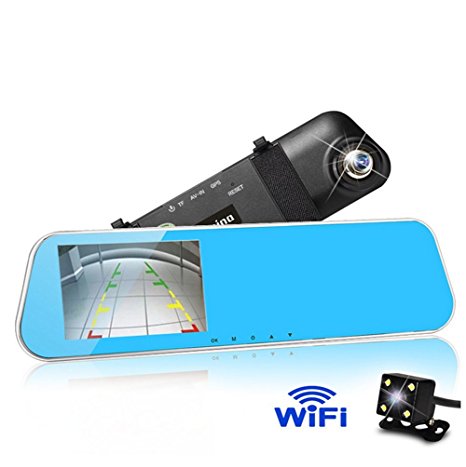 WIFI Dual Lens Car Camera,KuLio Waterproof Rear View Reverse Mirror Backup Camera,1080P Full HD Dash Cam Car Recorder DVR with 4.3 Inch Screen Night Vision with G-Senor