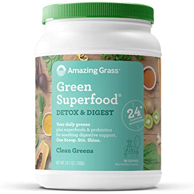 Amazing Grass Green Superfood Detox & Digest: Organic Plant Based Cleanse Powder with 1 Billion Probiotics, Greens and Wheat Grass, Clean Green Flavor, 100 Servings