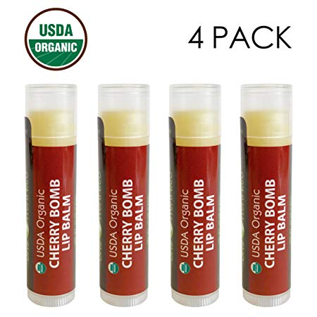 USDA Organic Lip Balm by Sky Organics - 4 Pack Cherry Lip Balms With Beeswax, Coconut Oil, Vitamin E. Best Lip Plumper Chapstick for Dry Lips- Adults & Kids Lip Repair Made In USA (Cherry Bomb)