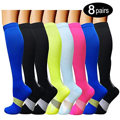 8 Pairs Compression Socks Women & Men -Best Medical,Nursing,Travel & Flight Socks-Running & Fitness-15-20mmHg