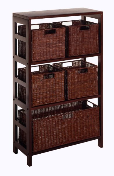 Winsome Wood Leo Wood 4 Tier Shelf with 5 Rattan Baskets - 1 large; 4 small in Espresso Finish