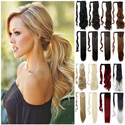 Haironline Wrap Around Synthetic Ponytail Clip in Hair Extensions One Piece Magic Paste Pony Tail Long Wavy Curly Soft Silky