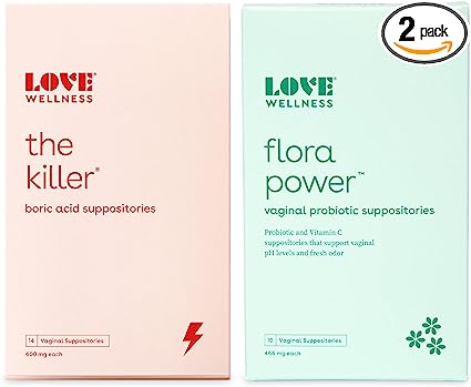 Love Wellness Vaginal Suppository Duo - The Killer & Flora Power - Fast-Acting Probiotic & Suppositories Supports Vaginal pH Levels & Fresh Odor - Helps Discomfort & Loss of Intimacy