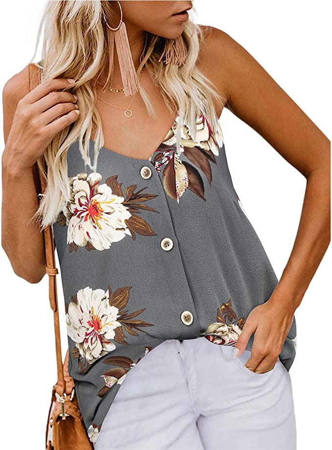 KILIG Women’ s V Neck Summer Button Down Tank Tops Loose Casual Sleeveless Cami Shirts Blouses
