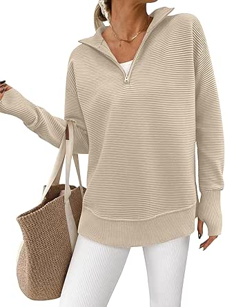 PRETTYGARDEN Womens Long Sleeve Quarter Zip Pullover Sweater Casual Loose V Neck Collared Ribbed Knit Jumper Tops Thumb Hole