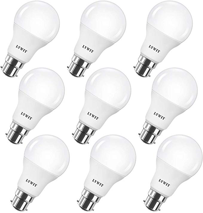 B22 LED Light Bulb, 9 Pack, LVWIT Bayonet 8.5W A60 6500K Daylight/Cool White, Equivalent to 60W, Ultra Bright 806Lm Non-Dimmable