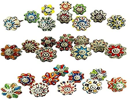Dotted Mix Color Multi Designed Ceramic Cupboard Cabinet Door Knobs Drawer Pulls & Chrome Hardware - Hand Painted Pulls Set of 20