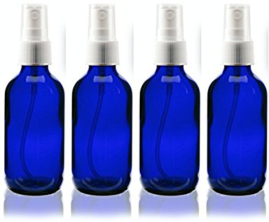 4 Empty Blue Glass Spray Misters - 2oz Refillable Bottle is Great for Essential Oils, Organic Beauty Products, Homemade Cleaners and Aromatherapy w/ White Fine Mist Dispenser - 4 Pack of 2oz Bottles