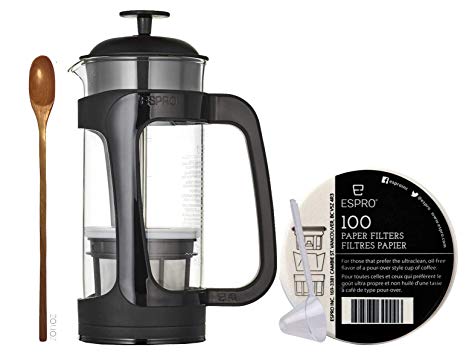 Espro Coffee Press P3-18 oz, Glass Carafe with Black Plastic Cage, Press 100ct Paper Filters, Zonoz Wooden Stirring Spoon & One-Tablespoon Plastic Clever Scoop (Bundle)