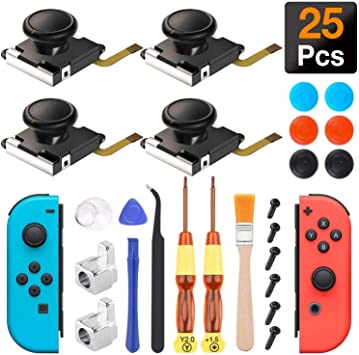 Joycon Joystick Replacement, (4 Pack) Switch Analog Stick Parts for Nintendo Switch Joy Con, Controller Repair Kit Include 4 Thumb 3D Sticks,2 Metal Buckles,2 Screwdriver,Pry Tools,6 Thumbstick Grips