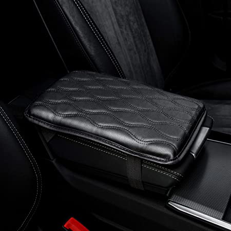 JOYTUTUS Armrest Cover for Car, Soft Padding Console Cover with Leather Surface, Universal Center Console Cover, Waterproof & Scratch Resistant Cushion with Elastic Strap for Various Cars (Black)