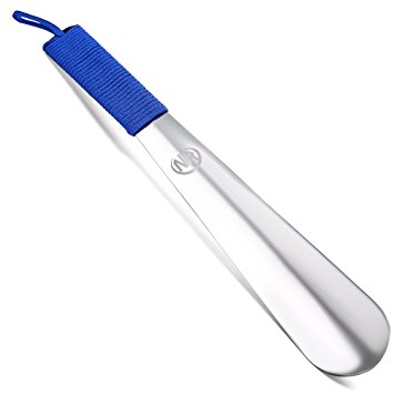 Long Metal Shoe horn-15" Extra Long Handled Shoehorn with Paracord Strap for Boots & shoes-Stainless Steel & Lifetime Warranty (Blue)