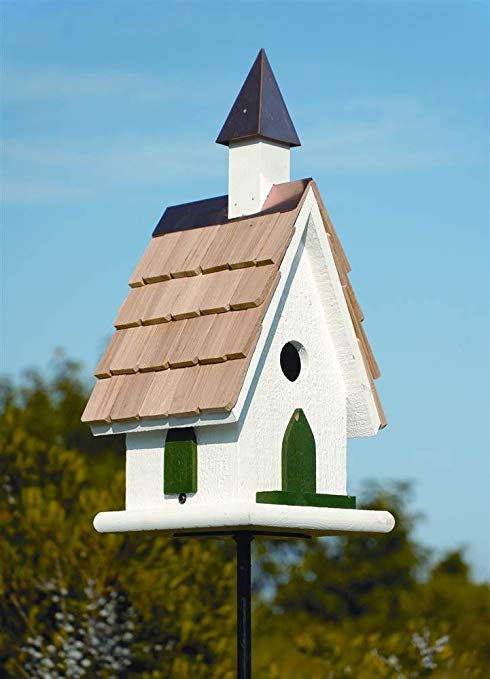 Country Church Bird House in White Copper Steeple