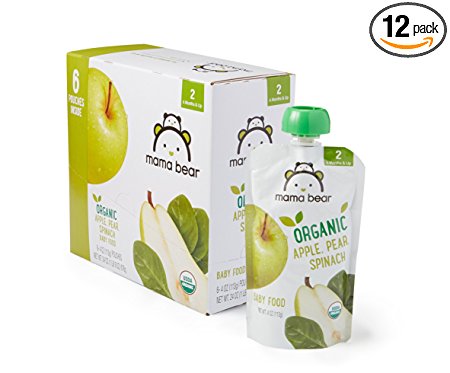 By Amazon - Mama Bear Organic Baby Food Pouch, Stage 2, Apple Pear Spinach, 4 Ounce Pouch (Pack of 12)