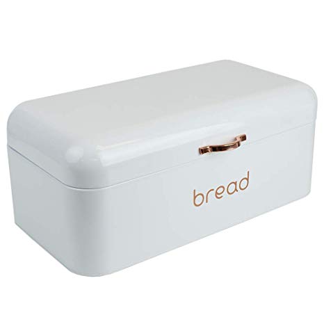Home Basics Grove Bread Box For Kitchen Counter Dry Food Storage Container, Bread Bin, Store Bread Loaf, Dinner Rolls, Pastries, Baked Goods & More, Retro Vintage Design, White