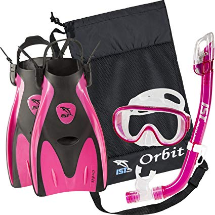 IST Orbit Snorkeling Gear Set: Tempered Glass Mask, Dry Top Snorkel & Trek Fins for Compact Travel
