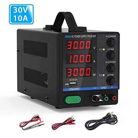 DC Bench Power Supply, 30V/10A Dr.meter Variable 4-Digital LED Display Power Supply, Multifunctional and Switching DC Regulated Power Supply with USB Interface, Alligator Leads for Laboratory