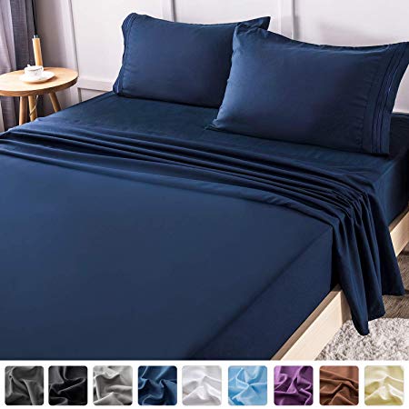 LIANLAM Twin Bed Sheets Set - Super Soft Brushed Microfiber 1800 Thread Count - Breathable Luxury Egyptian Sheets 16-Inch Deep Pocket - Wrinkle and Hypoallergenic-3 Piece(Twin, Navy Blue)