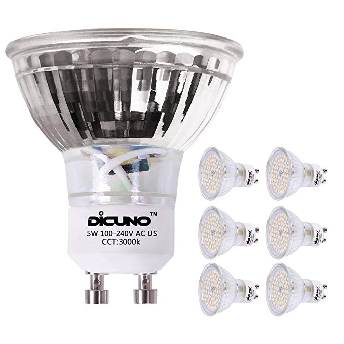 DiCUNO GU10 LED Bulbs 5W Warm White, 3000K,500lm, 120 Degree Beam Angle, 50W Halogen Bulbs Equivalent, MR16 LED Light Bulbs,Non-Dimmable, 6-Pack