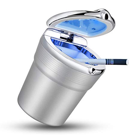 IUKUS Car Cigarette Ashtray, Stainless Auto Car Cigarette Ashtray with Lid and Blue LED Light Indicator Smokeless Vehicle Cigarette Ashtray Ash for Car Cup Holder,Home, Office