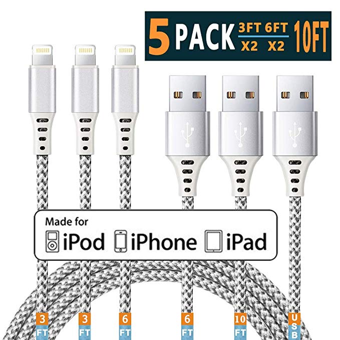 iPhone Charger Lightning Cable iPhone Cable MFi Certified Apple iphone charer cable Xs MAX XR X 8 7 6s 6 5E Plus ipad car Charger Charging Cable Cord Fast Long USB c 3 3 6 6 10 ft to 5pack Chargers 12