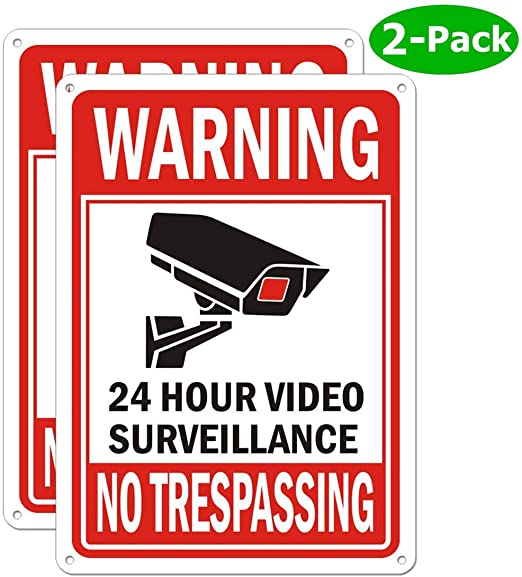 Video Surveillance Sign Outdoor Metal Indoor Security Camera Signs for Property Under 24 Hour Hr Warning No Trespassing for Home Business CCTV UV Protected Red Aluminum (2 Pack, 10 x 7 Inches)