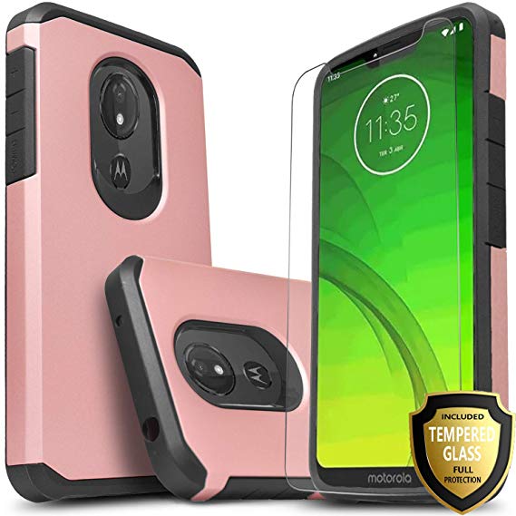 Moto G7 Power Case, Moto G7 Supra XT1955 Case, Included [Tempered Glass Screen Protector], Star Drop Protection Dual Layers Impact Advanced Rugged Protective Phone Cover - Rose Gold