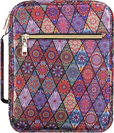 MoKo Bible Cover Case/Book Cover, Durable Zipper Bible Bag Carrying Case with Handle for Standard Size Bible for Women, Gift for Mom, 10 x 7.5 x 2.5 Inches, Rhombic Datura