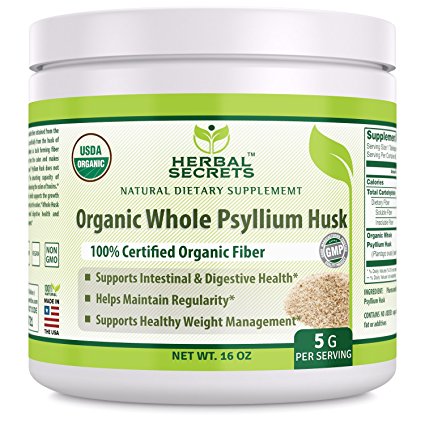 Herbal Secrets USDA Certified Organic Psyllium Husk 16 Oz - Vegan, dairy free, GMO free, gluten free, no sugar, and no artificial sweeteners