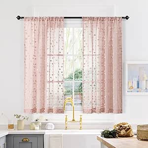 MYSKY HOME Pom Pom Sheer Curtains 54 Inch Length Dusty Pink Curtains for Kitchen Girls Kids Bedroom Nursery Small Windows Farmhouse Boho Style Light Filtering Semi Sheer Drapes with Rod Pocket, Pack-2