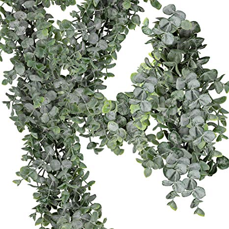 Supla 1 Pcs Faux Eucalyptus Leaves Garland Fake Artificial Hanging Eucalyptus Greenery Garland - 8.4 Ft Long x 7.9" Wide in Grey Green for Wedding Holiday Decorations UV Protected Indoor Outdoor