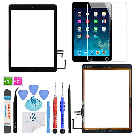 OmniRepairs Glass Touch Screen Digitizer Assembly OEM Replacement with Home Button Compatible for iPad Air 1st Generation with Adhesive Tape, Screen Protector and Repair Toolkit (Black)