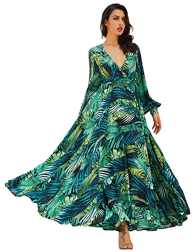 R.Vivimos Women's Chiffon Print V Neck Long Sleeve Tie Waist Casual Boho Maxi Dresses