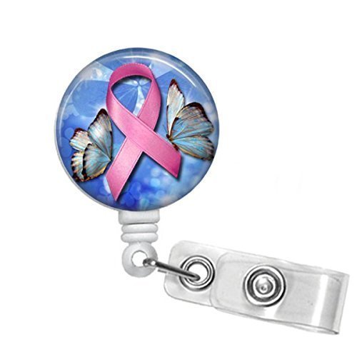 Breast Cancer Ribbon and Butterfly Glass Cabochon Clip on Badge ID Holder with Retractable Reel