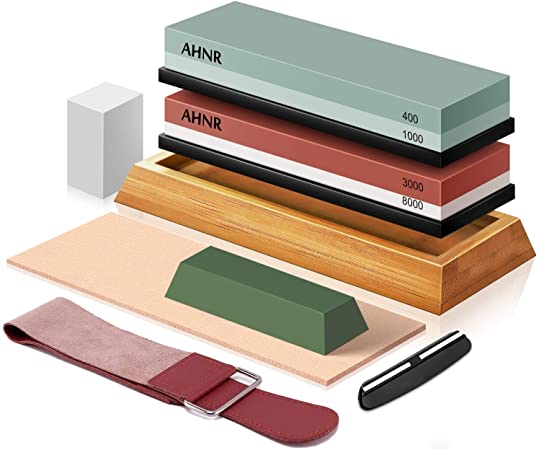 Knife Sharpening Stone Set - 4 Grit 400/1000 3000/8000, AHNR Whetstone Knife Sharpener Kit with Leather Razor Strop, Leather Honing Strop, Polishing Compound, Bamboo Base and Flattening Stone