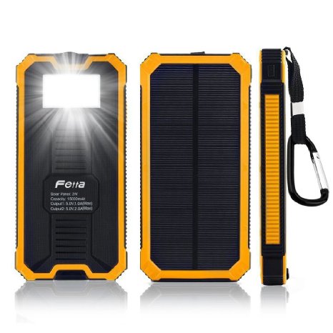 Ecandy 15000mAh Backup Battery Solar Power Bank Dual USB Port ,with 8 LED Flashlight Solar Charger for iPhone Samsung Galaxy S6, S6, Edge S5, S4, S3 Cellphone Tablet . (yellow)