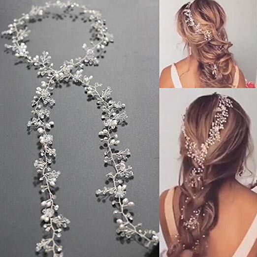 Yean Wedding Hair Vine Long Silver Bridal Headband Hair Accessories for Bride and Bridesmaid (100cm/39.3inches)